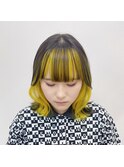 外ハネミディアムイエローブラックツートンダブルカラーmaaya
