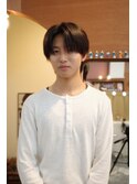 メンズセンターパートブラウンカラー韓国ヘア眉毛カット岡山