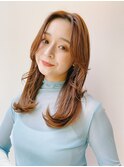 前髪なし/くびれカット/ブラウン/ロング/ワンホン