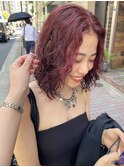 暖色カラーダブルカラーワインレッドボルドーカラーレイヤーボブ