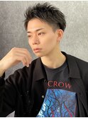 ソフトツイストパーマアップバング七三ツーブロック刈り上げ
