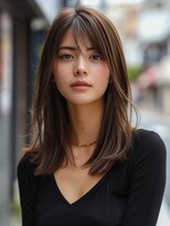 ムウ 難波(MOU)&nbsp;ミディアムレイヤーボブルフ黒髪ネビージュ小顔ワンレン20代30代