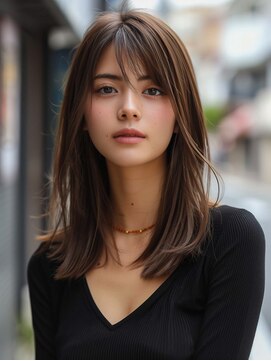 ムウ 難波(MOU) ミディアムレイヤーボブルフ黒髪ネビージュ小顔ワンレン20代30代