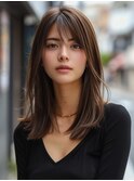 ミディアムレイヤーボブルフ黒髪ネビージュ小顔ワンレン20代30代