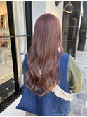 ロングヘア ピンクベージュ 暖色カラー ブリーチあり
