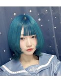 派手髪Wカラー/シアンブルー/ショートウルフボブ/韓国/20代30代