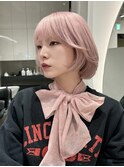 ピンクカラー韓国ボブタンバルモリショートボブ耳かけボブ