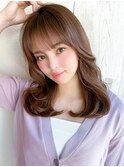ミニウルフ前髪パーマ韓国くびれミディアムチェリーブラウン