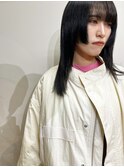 黒髪グレーベージュレイヤーロング前髪パーマアッシュブラック