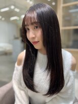 アム 表参道(am) 小顔薄めバンググレージュレイヤーロング前髪パーマ黒髪