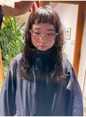 ロングパーマ　ショートバング