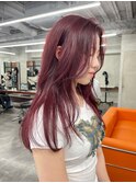 ワインレッド/レイヤーカット/ケアブリーチ/透明感カラー/赤髪