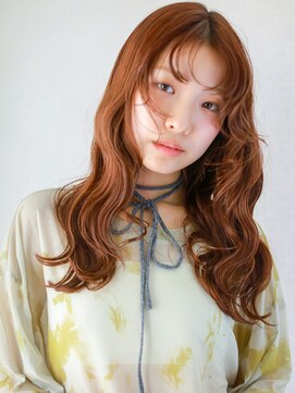 ガリカ 渋谷(Gallica) オレンジブラウンゆる波ロング顔まわりレイヤー前髪薄め艶髪