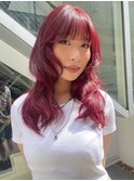 顔まわりカットレイヤーカット暖色カラーチェリーピンクボルドー