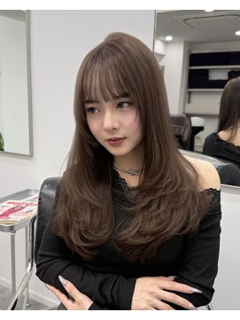 韓国顔まわりレイヤーカットグレージュオリーブベージュブラウン