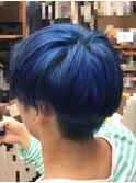 Wカラー　ブルー　ツーブロック　マッシュ/髪質改善