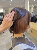 小顔セミウェットウェーブピンクベージュハイライトカラー