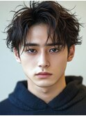 men'sセンターパート ダークカラー マッシュ　ストリート