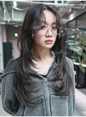 ロング顔周りレイヤー韓国ヘアダークアッシュ_F1353