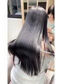 小顔薄めバンググレージュレイヤーロング前髪パーマ黒髪