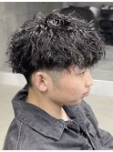 フェザーパーマ/グレーブルーカラー/刈り上げショートパンク