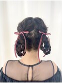 ツインヘア×リボン/結婚式お呼ばれヘア/参列ヘア/二次会ヘア