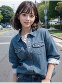 エアリーミディアムボブ透明感カラーグレーベージュワンカール