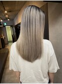バレイヤージュ、ハイライト、レイヤーロング、グレーベージュ