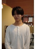 メンズセンターパートブラウンカラー韓国ヘア眉毛カット岡山