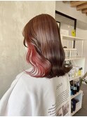 インナーカラーレッドショコラピンクボブ × ショコラブラウン