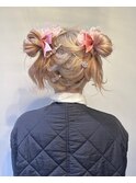 ハイトーンピンクベージュ/ボブのツインお団子