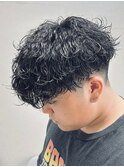 ダークアッシュニュアンスパーマ韓国マッシュベリーショート