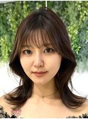 美髪カール韓国ヘアピンクブラウンロングセミディ似合わせ前髪
