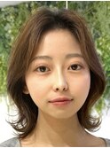 美髪カールピンクブラウン韓国レイヤーくびれボブセミディ顔周り