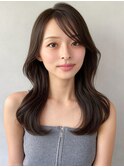 艶感フェイスフレーミング前髪セミディこなれヘア暗めカラー
