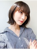 切りっぱなしボブ前髪あり/ブリーチなしカラー小顔/大人ボブ