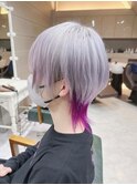 ウルフカット/インナーカラーパープルカラー/ホワイトアッシュ