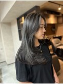 バレイヤージュ、ハイライト、レイヤーロング、グレーベージュ