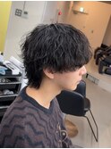 爽やかビジネスツーブロック無造作ナチュラル波巻きパーマウルフ