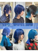 ○青髪中性ウルフカットロングウルフレイヤーカット表参道