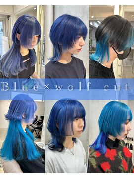 シーン(seen) ○青髪中性ウルフカットロングウルフレイヤーカット表参道