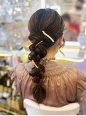 結婚式 二次会 お呼ばれ 編みおろしポニー×ヘアピン