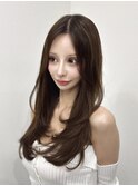 小顔ロングレイヤーカット顔周り冬グレージュカラー透明感カラー
