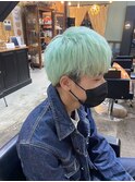 ミントグリーンケアブリーチダブルカラーツーブロックマッシュ