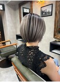 バレイヤージュ、ハイライト、レイヤーロング、グレーベージュ