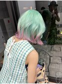 夏の派手髪ミントグリーンとラベンダーピンクの裾デザインカラー