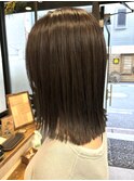 ロングショートワンカールパーマカーキグレージュ前髪錦糸町