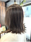 ロングショートワンカールパーマカーキグレージュ前髪錦糸町