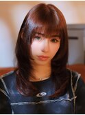 姫カットレイヤーロングミディアムハッシュカット赤髪ボルドー