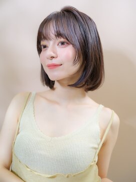 ネオリーブアイム 横浜西口店(Neolive aim) 黒髪ボブルフネビージュ耳掛けひし形小顔ワンレンくすみベージュ